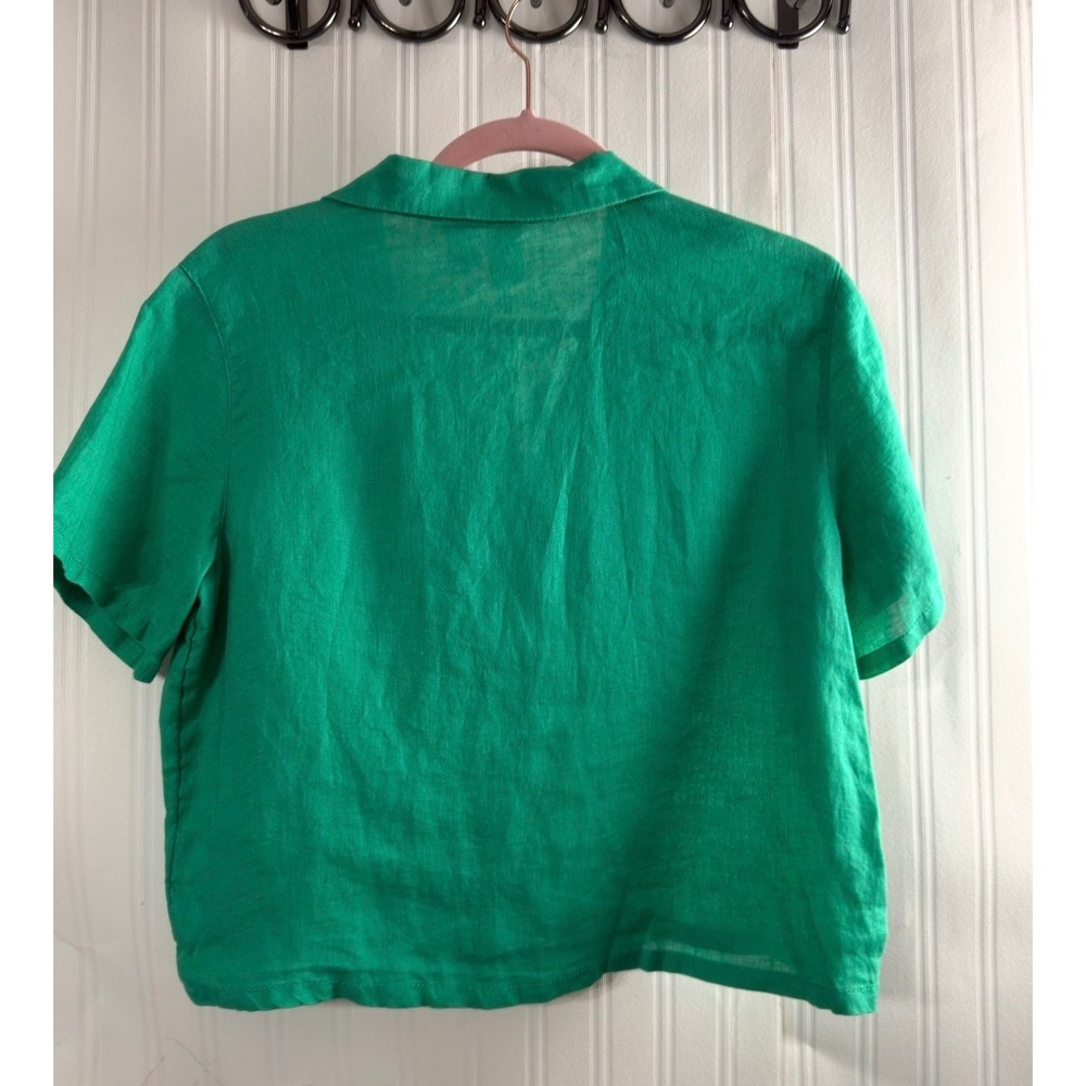 Joie Womens Emerald Green 100% Linen Short Sleeve Button Down Crop Shirt Size S - Picture 4 of 4